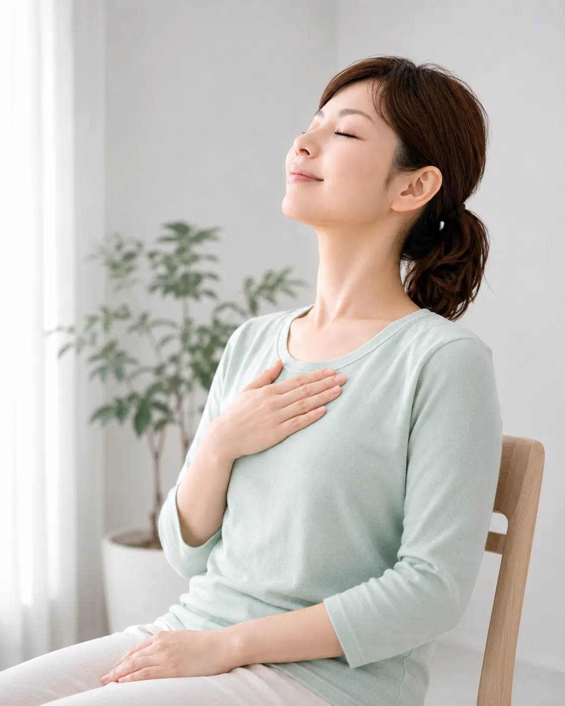 今日できたことを心の中で数えながら、小さくうなずいて安心した表情を見せているイメージ