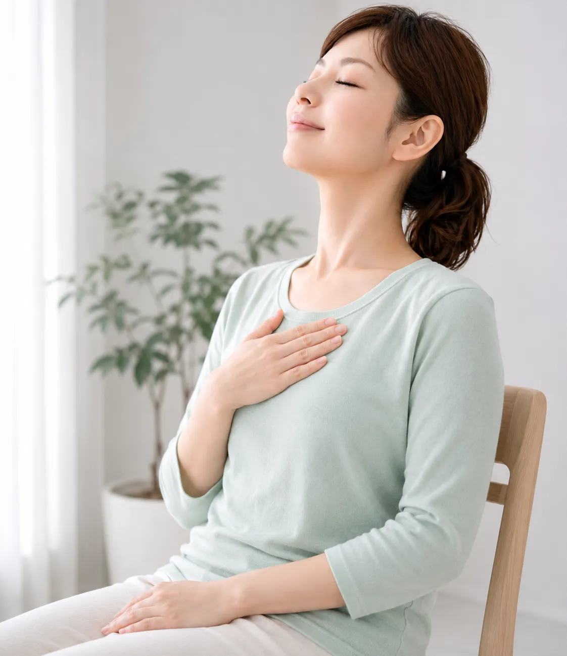 今日できたことを心の中で数えながら、小さくうなずいて安心した表情を見せているイメージ