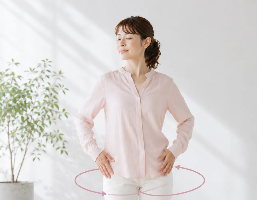 骨盤まわりをやさしくゆるめ、声の余韻が自然に広がっていくイメージ