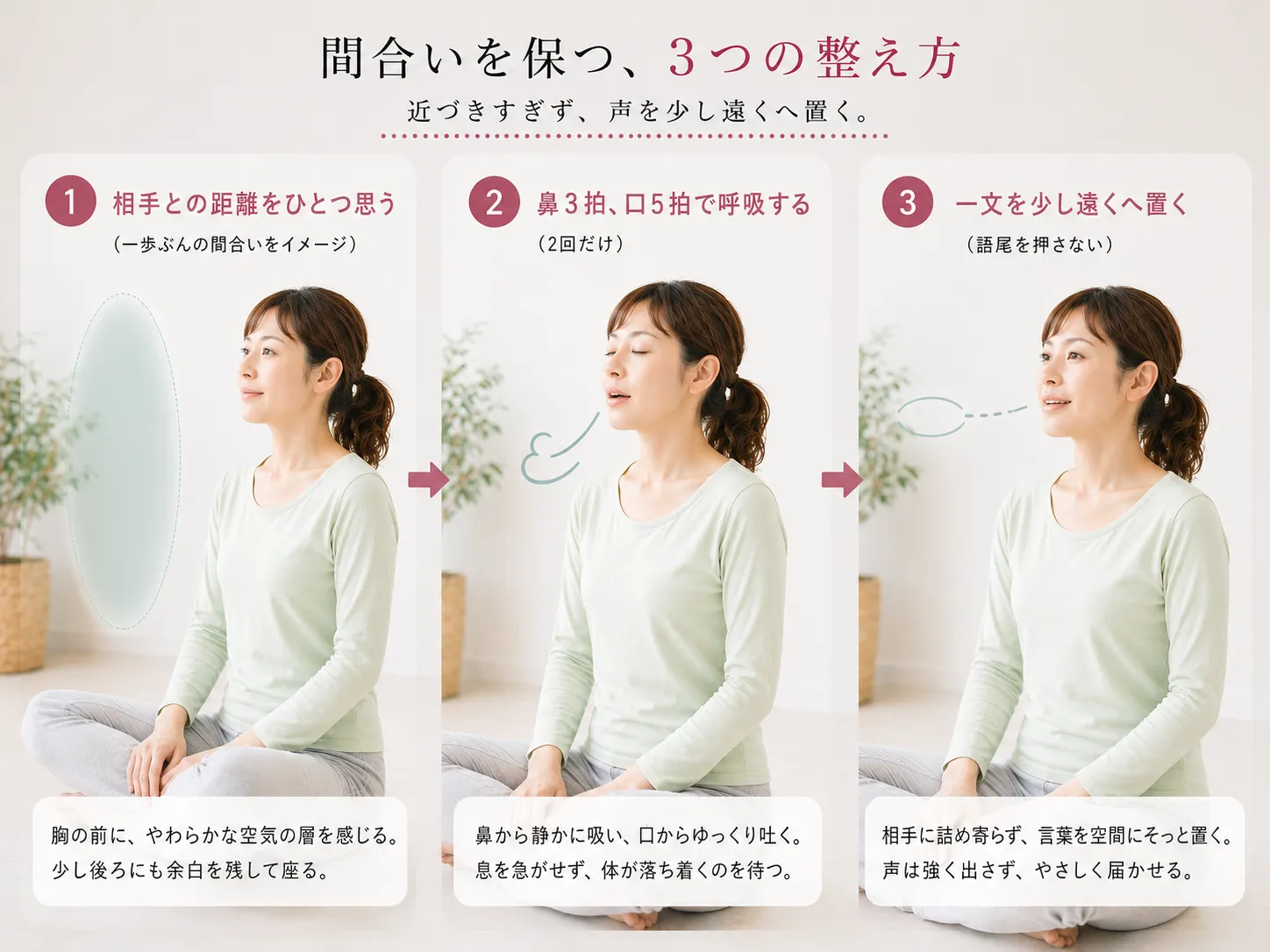 胸の前に空気の層を感じ、相手との間合いを保ちながら声を届けるイメージ